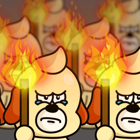a cartoon drawing of a dog holding a torch with a clock in the background