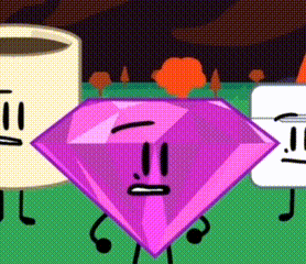 a group of cartoon characters are standing next to each other , including a purple diamond .