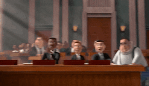 a group of cartoon characters are sitting at a desk in a courtroom