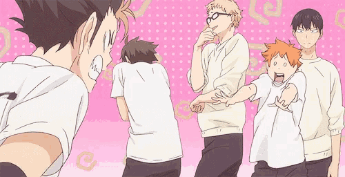 a group of anime characters are standing next to each other on a pink background in a cartoon .