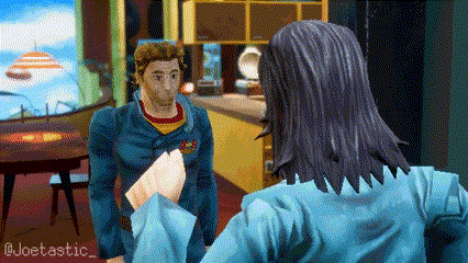 a man in a blue jacket is holding a piece of paper while talking to another man
