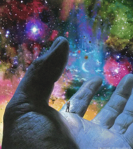 a painting of a hand reaching out towards a man standing on a cliff