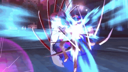a video game character is being attacked by a purple and blue sword