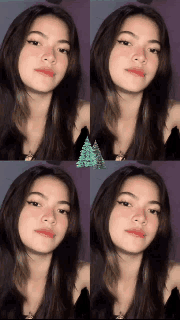 a collage of four pictures of a girl with a christmas tree in the corner