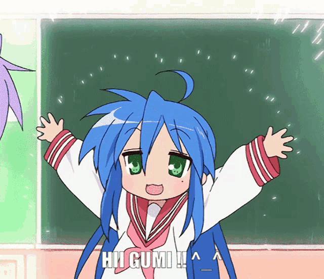 a cartoon character with blue hair and green eyes says hi gumi !