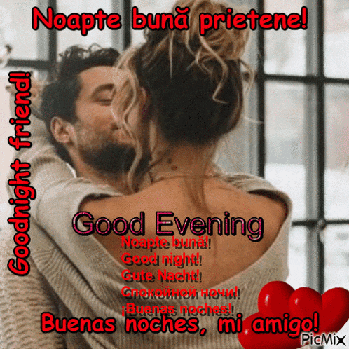 a picture of a man kissing a woman with the words good evening written on it