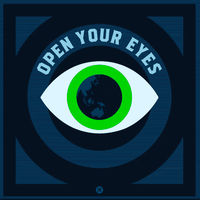 an eye with a green pupil and the words open your eyes to climate change below it