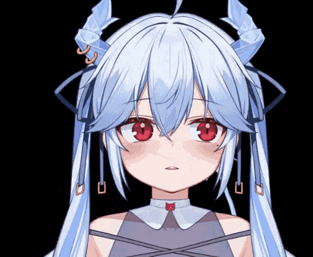 a girl with long white hair and red eyes is wearing a cat collar .