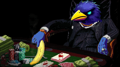 a cartoon drawing of a bird sitting at a poker table