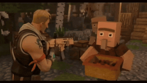 a man with a tattoo on his arm is holding a gun and talking to two minecraft characters