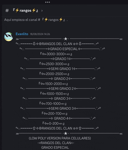 a screenshot of a message from evanlito on rangos del clan