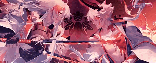 a couple of anime characters holding swords with a logo in the background that says hunteri