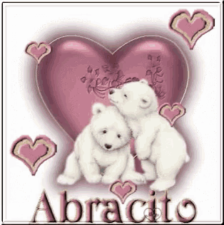 two polar bear cubs hugging each other in front of a pink heart with the word abrazito on it