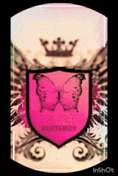 a shield with a pink butterfly and the words s-q butterfly