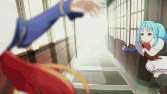 two anime characters are standing in a hallway and one has blue hair
