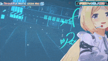 a video game screen shows a girl with a microphone and the words beautiful world 2024 mix