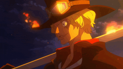 a man in a top hat is holding a sword in front of a fire