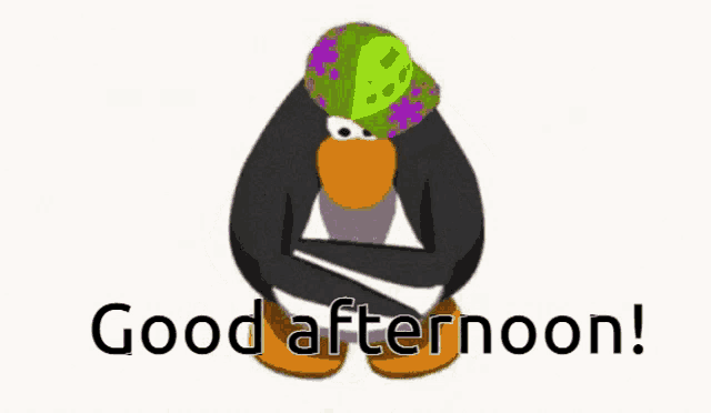 a penguin wearing a hat says good afternoon on a white background