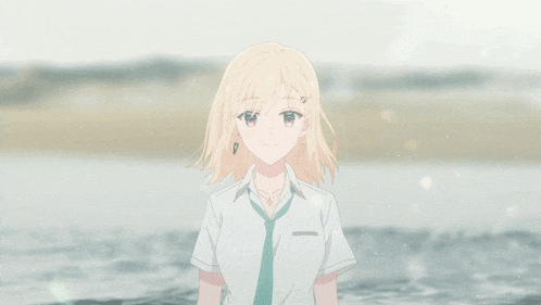 a girl with blonde hair wearing a white shirt and tie is smiling