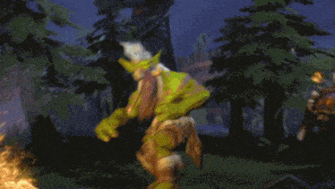 a green orc with a long beard and horns is holding a sword and a spear .