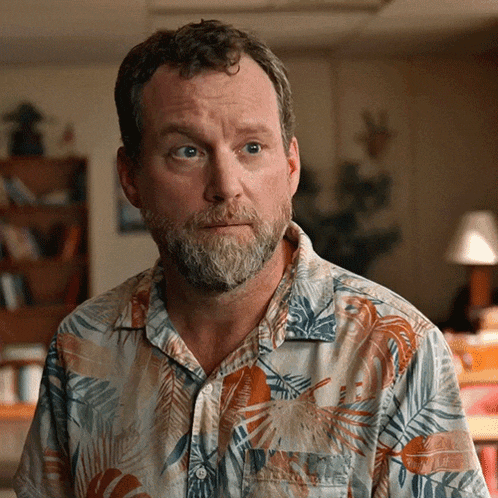a man with a beard wearing a hawaiian shirt looks at the camera
