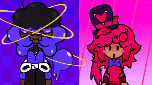 a cartoon of a man and a cartoon of a girl with red hair and a top hat with a heart on it