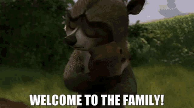 a raccoon holding a baby bear with the words welcome to the family