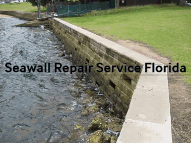 a brick wall next to a body of water with the words seawall repair service florida on the bottom