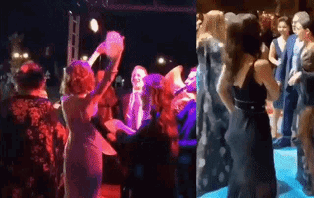a group of women are dancing at a party and one woman is holding a ball in her hand .