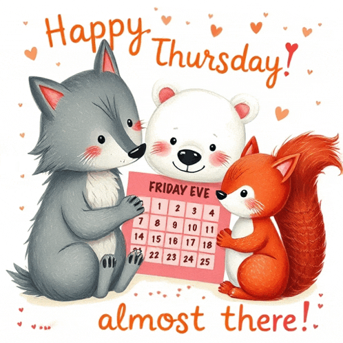 a fox bear and squirrel are holding a calendar that says friday eve