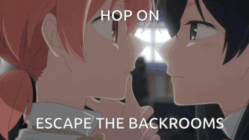 a picture of two anime characters with the words hop on escape the backrooms below them