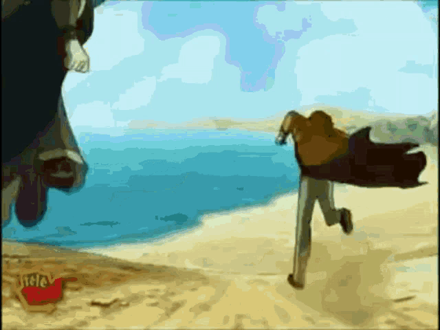 a cartoon of a man running on a beach with a bag of kellogg 's potato chips on the ground