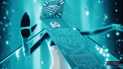 a video game character is holding a blue block with a clock on it