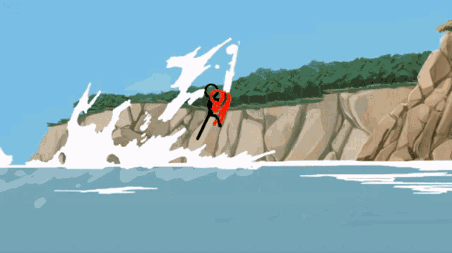 a stick figure jumping off a cliff into the ocean