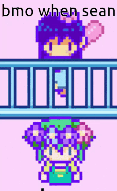 a pixel art of a girl holding a heart and the words bmo when sean on the bottom