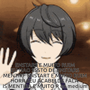 a cartoon of a girl with short black hair and a caption that says enstars e muito ruim