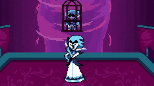 a pixel art of a woman in a dress standing next to a cage .