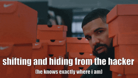 a stack of orange nike boxes with the words shifting and hiding from the hacker ( he knows exactly where i am )