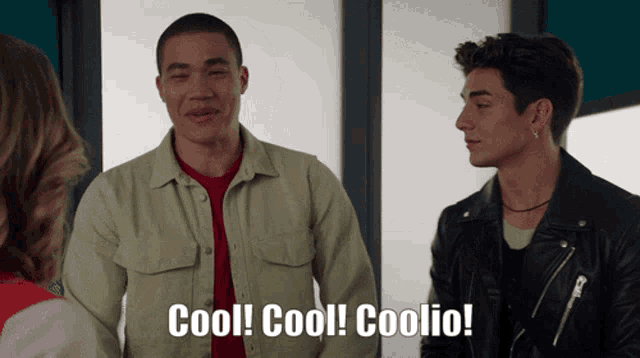 a group of young men are standing next to each other and one of them says cool