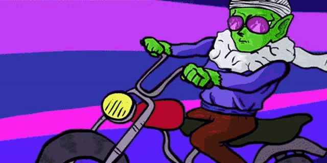 a cartoon of a green alien riding a motorcycle with sunglasses on .