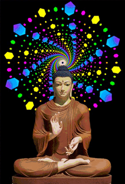a statue of buddha is surrounded by a colorful spiral