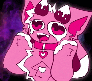 a cartoon drawing of a pink cat with hearts in its eyes and a collar .