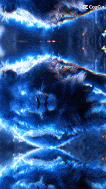 a lion is reflected in a pool of water with the capcut logo on the bottom