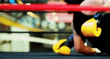 a boxer is laying on the ground in a boxing ring .