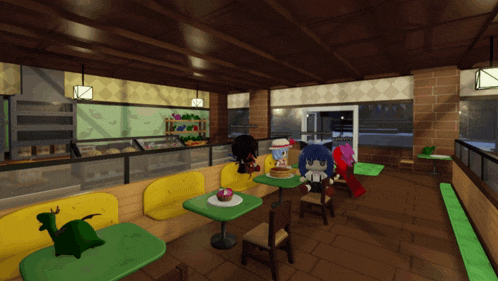 a group of people are sitting at tables in a bakery with a cake on the table