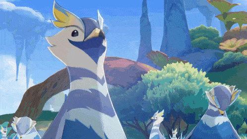 a blue and white bird with a yellow beak stands in a field