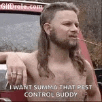 a shirtless man with a mullet and a beard is standing next to a red truck .
