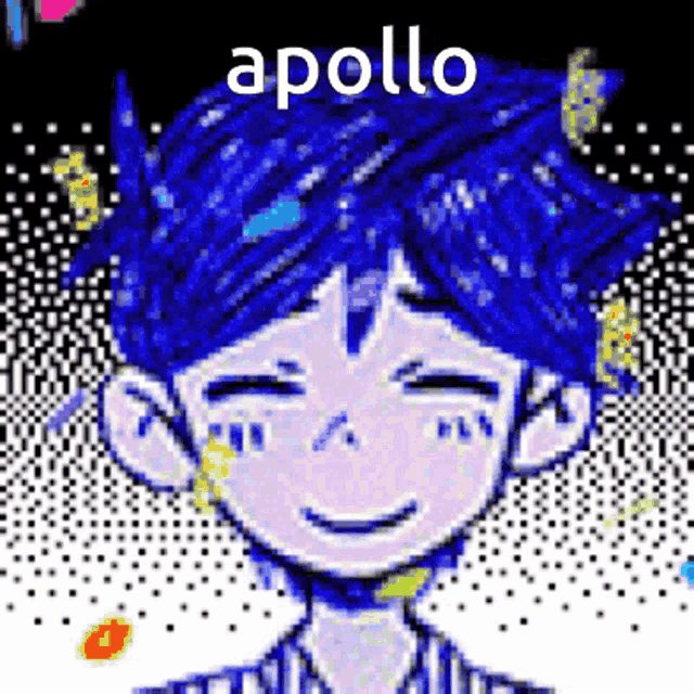 a pixel art drawing of a boy with blue hair and the word apollo on the bottom