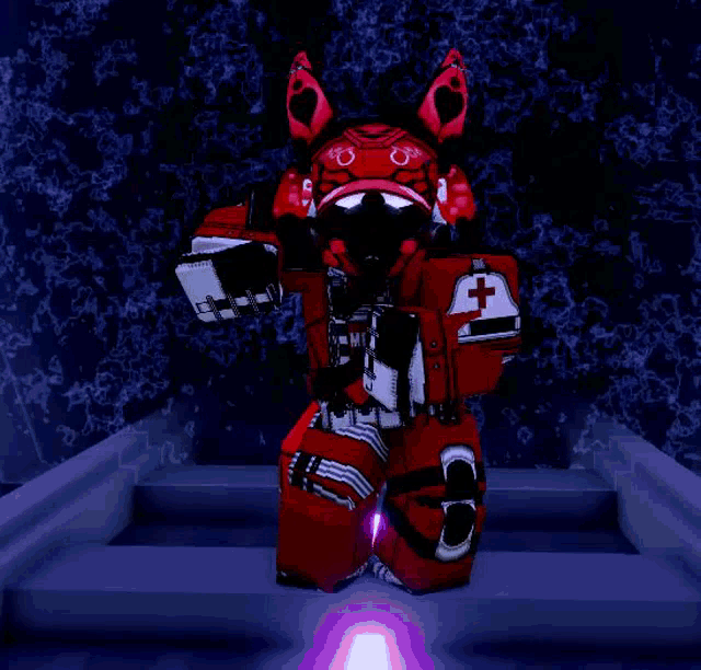 a red robot with hearts on its ears is kneeling down on a set of stairs .