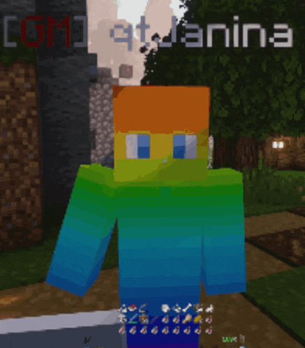 a rainbow colored minecraft character with the name gm1 at janina